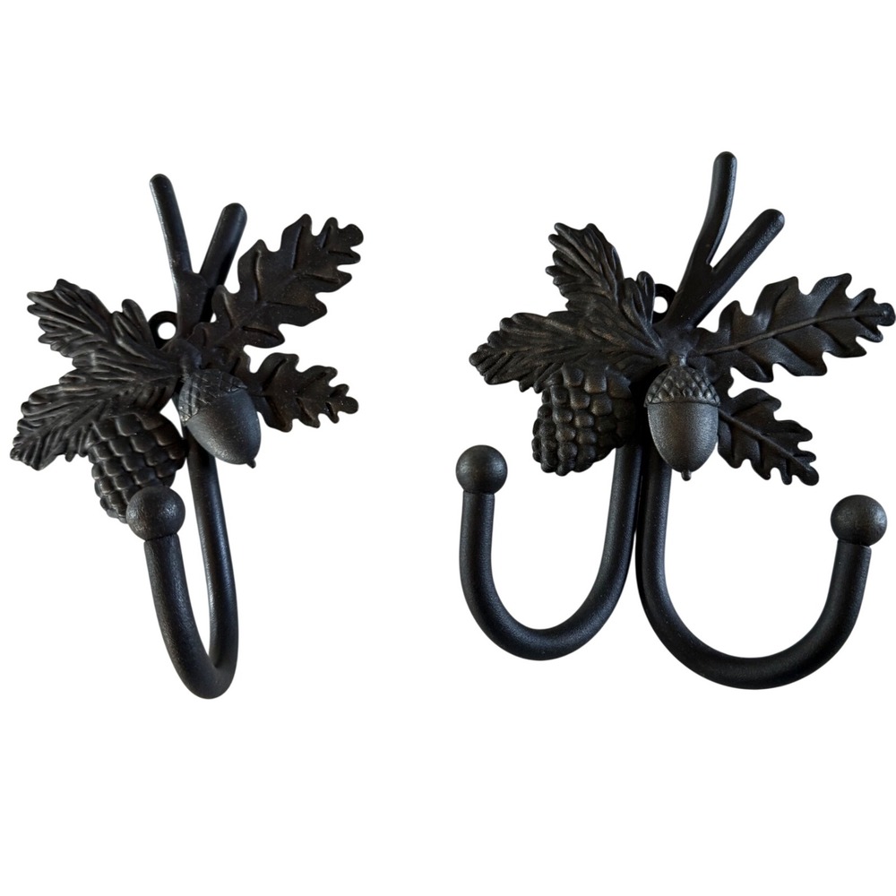 Longaberger Wall Hooks Set 2 Black Cast Iron Acorn Oak Leaf Rustic Cabin Decor